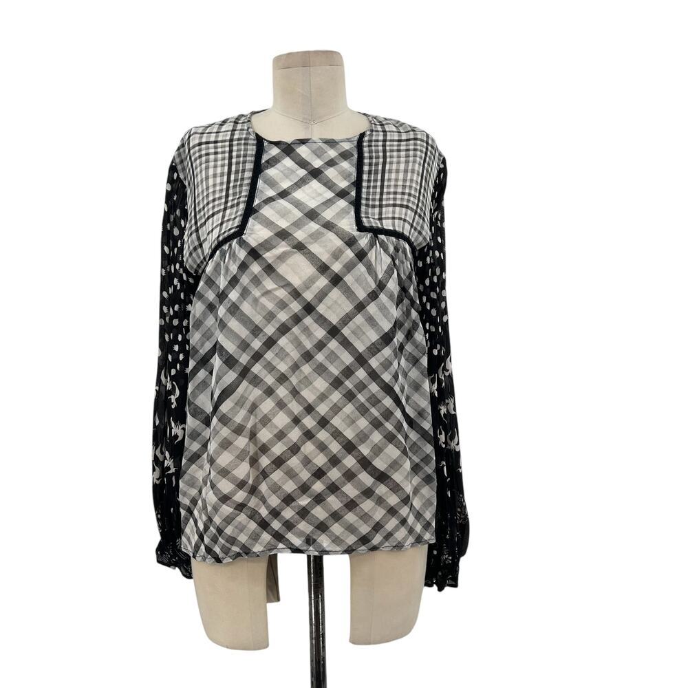 Anthropologie‎ Bl-nk London Miranda Peasant Blouse Plaid Gray Black Size Small